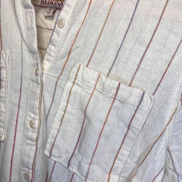 Merona Striped Rainbow 100% Cotton White Tunic Top Long Sleeve Pocket Buttons - Picture 6 of 11